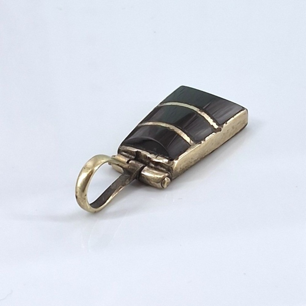 Vintage Art Deco Black Onyx Inlay Rectangular Silver Tone Pendant Charm